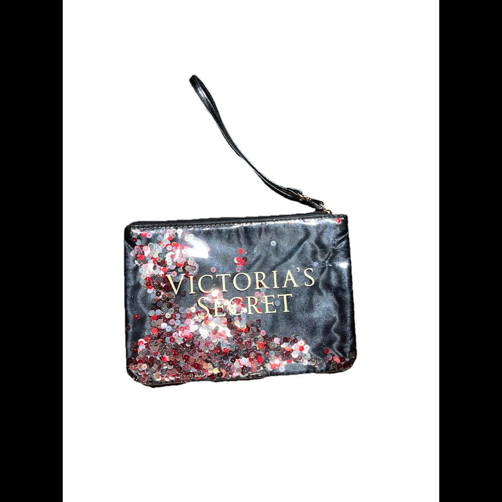 Victoria's Secret Confetti Zippered Bling Sequin Wristlet Cosmetic Bag Black